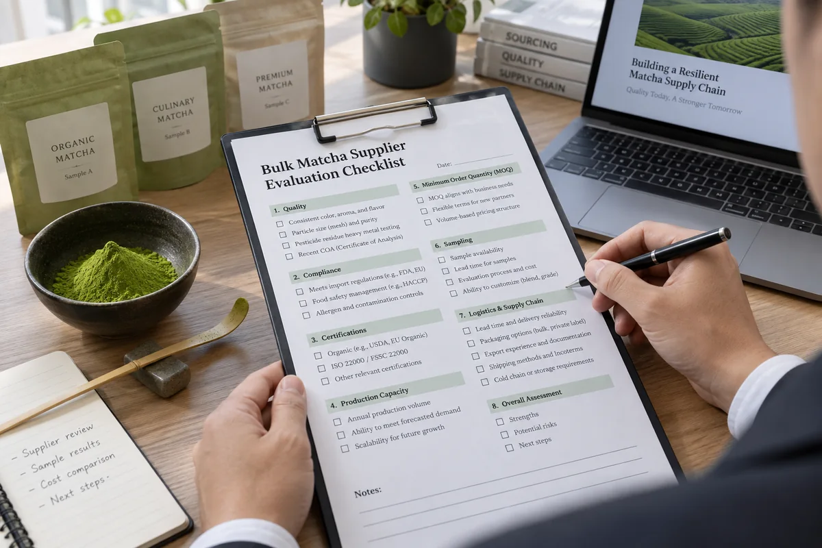 Bulk Matcha Supplier Evaluation Checklist Buyer reviewing a bulk matcha supplier evaluation checklist covering quality, compliance, MOQ and production capacity.