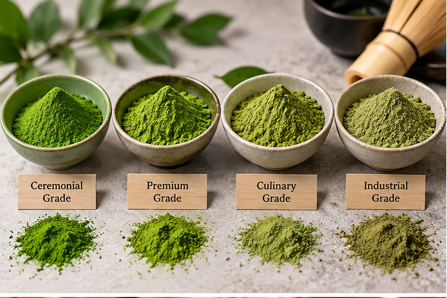 A comparison of ceremonial, premium, culinary and industrial matcha powders in separate ceramic bowls showing their different green colors and textures.