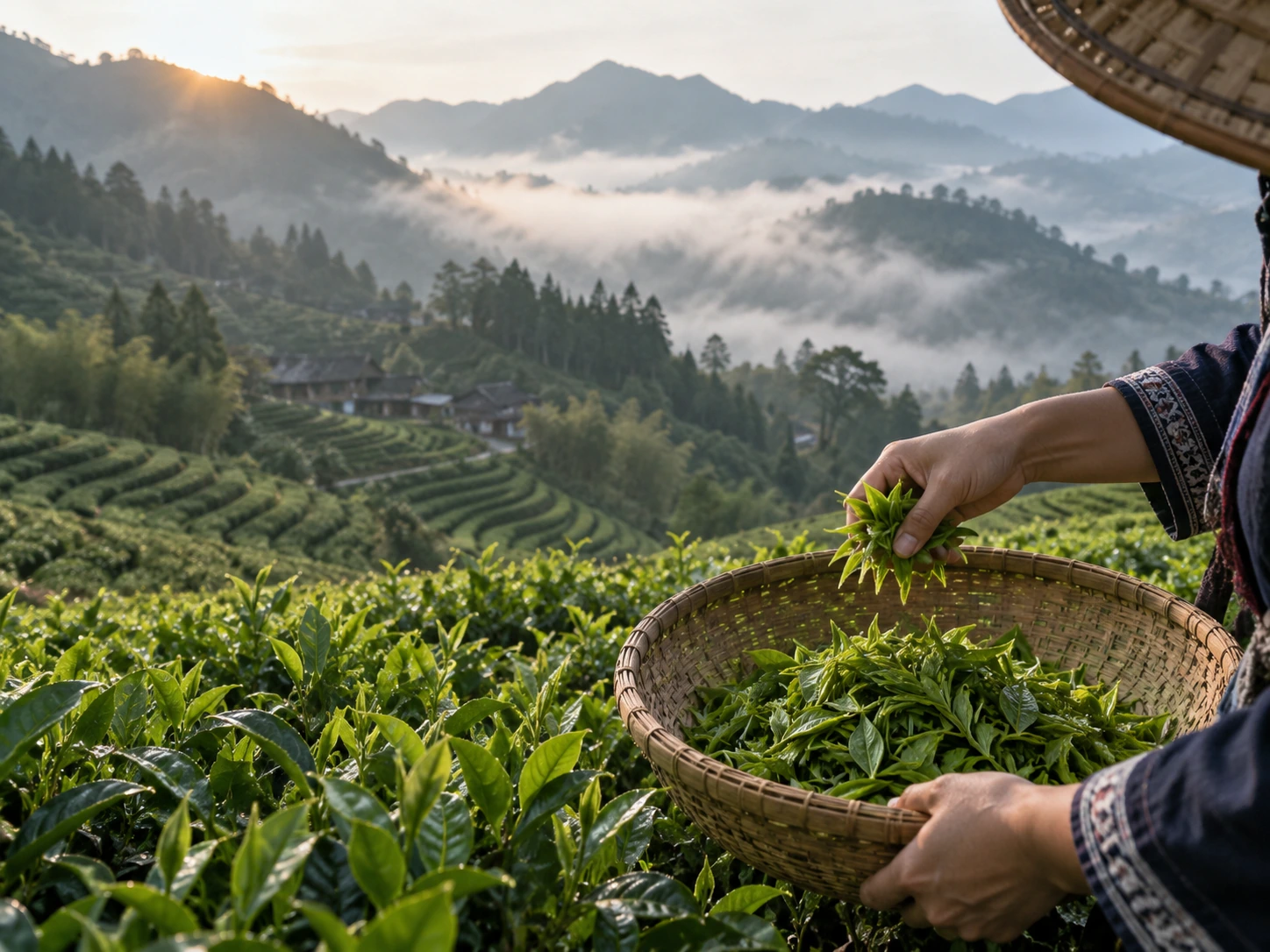 Tea leaf harvesting in a misty Guizhou tea garden