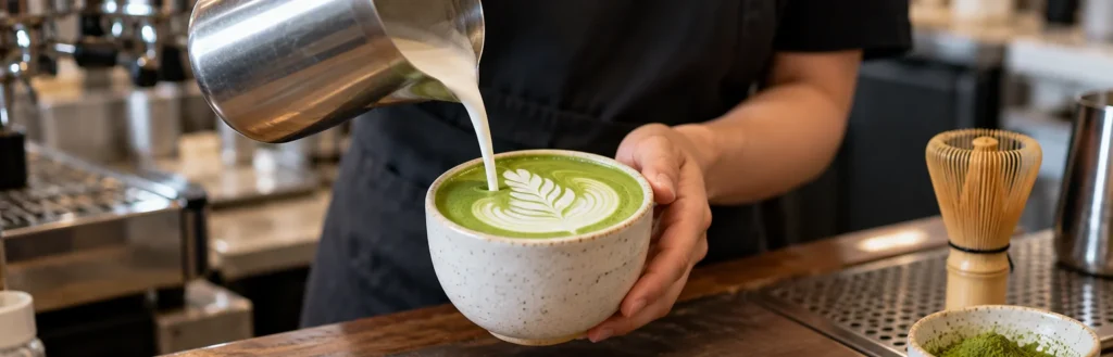 A barista pouring steamed milk into a bright green matcha latte at a coffee shop.