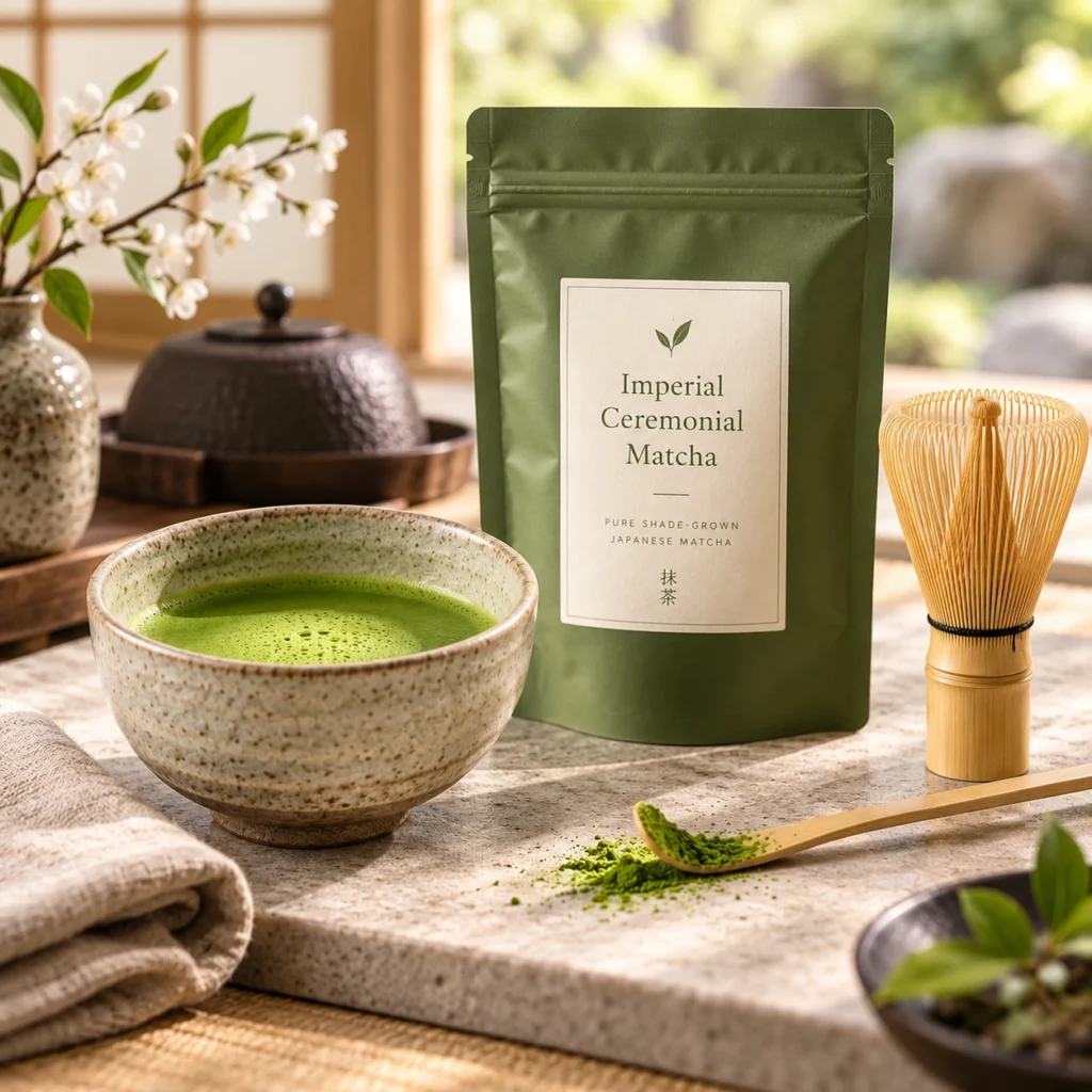 Imperial Ceremonial Matcha application scene with prepared matcha in a ceramic bowl, bamboo whisk, tea spoon, and premium matcha pouch in a refined Japanese tea setting.