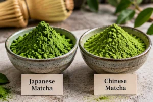Comparing Japanese and Chinese matcha powder in separate ceramic bowls, highlighting their appearance and green color.