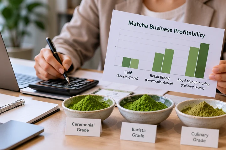 Matcha business owner calculating profit margins with a calculator and comparing ceremonial, barista and culinary matcha powders.