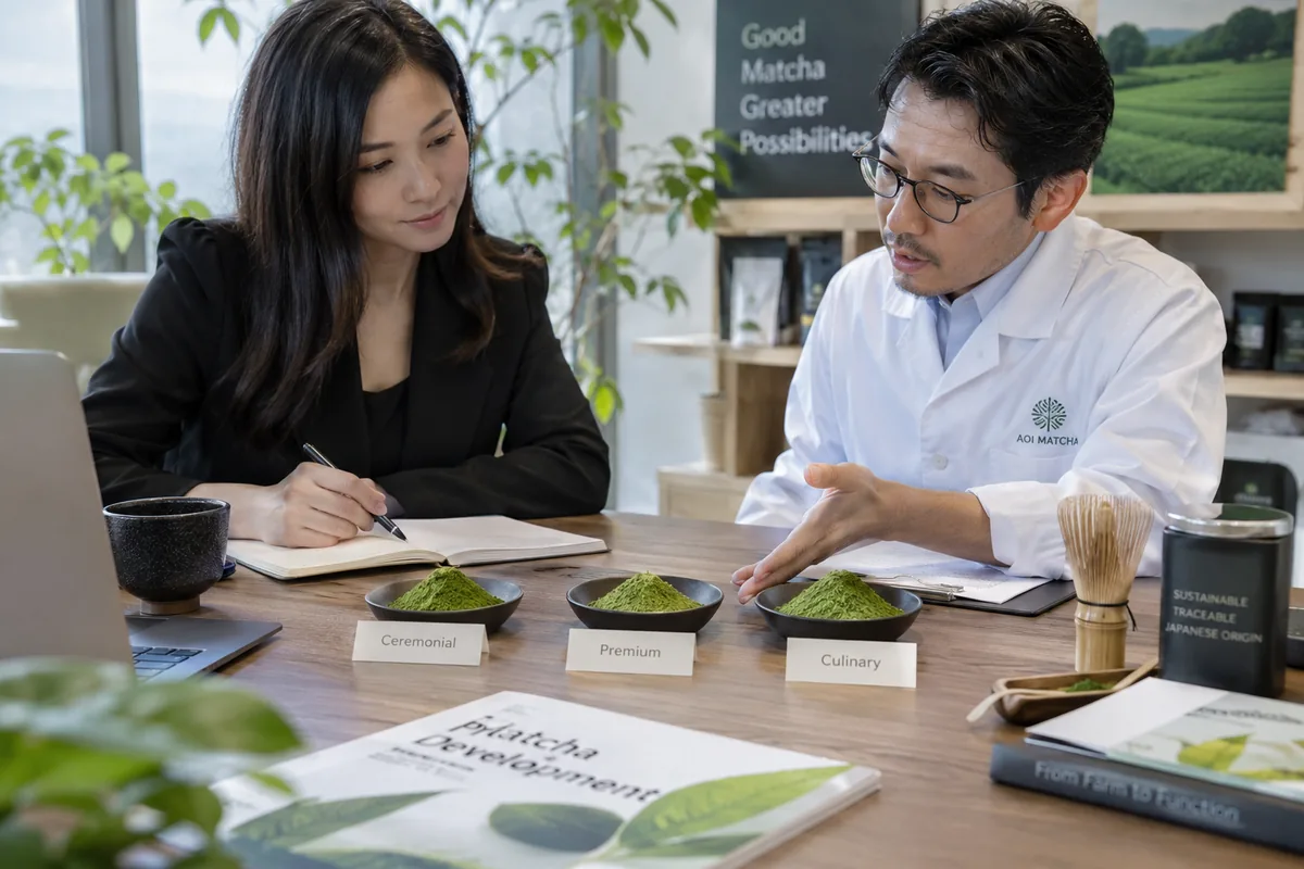 Evaluating an OEM Supplier for Matcha Matcha product developer comparing ceremonial, premium and culinary matcha powder samples with an OEM supplier.