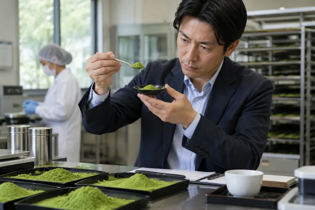 Wholesale matcha buyer inspecting green tea powder samples at a supplier facility during overseas sourcing verification.