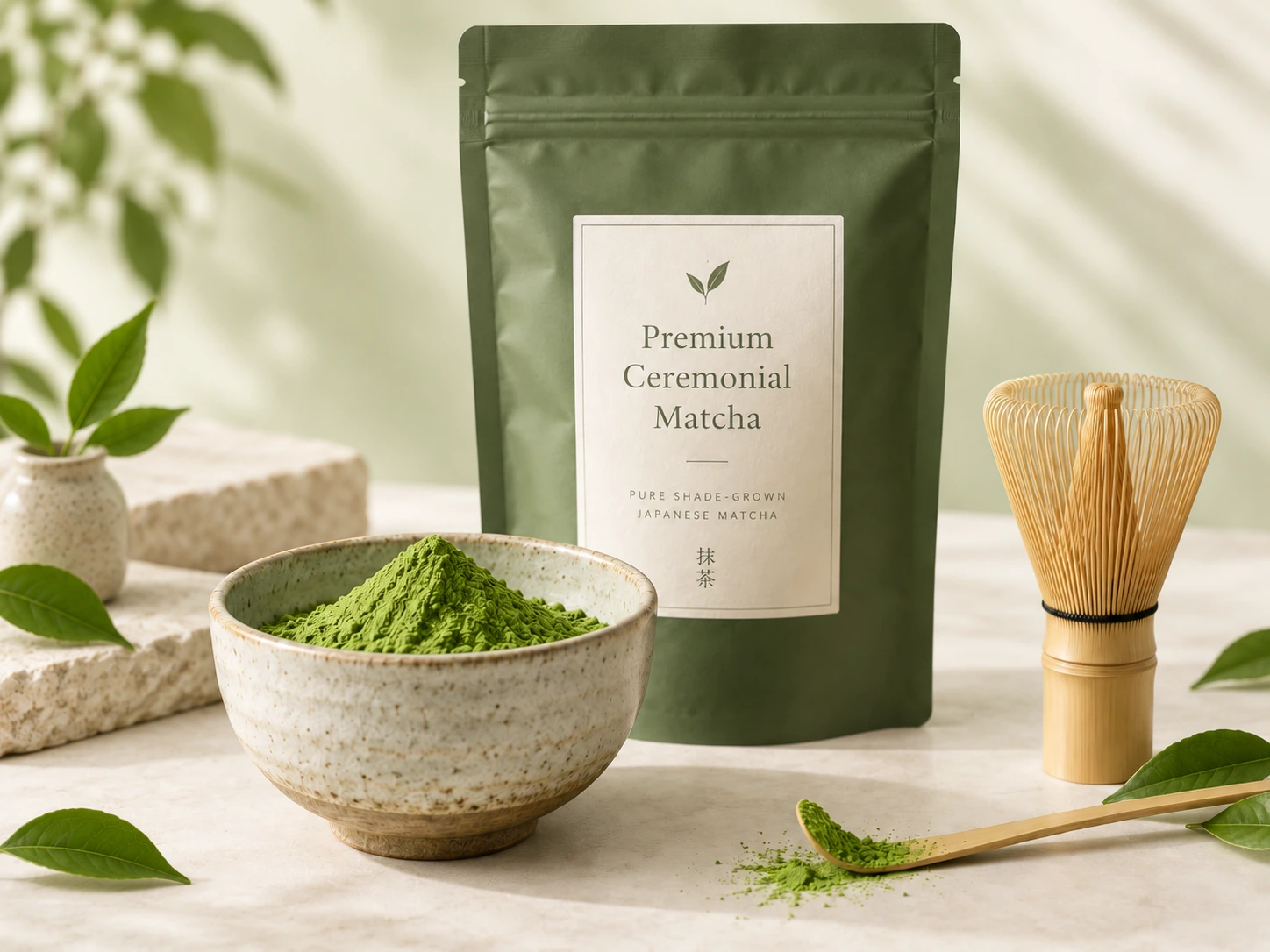 Premium Ceremonial Matcha pouch with a bowl of vibrant green matcha powder, bamboo whisk, and bamboo scoop in a soft natural studio setting.