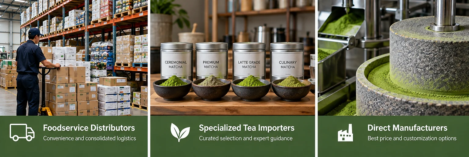 Illustrated comparison of three matcha sourcing options for coffee shops: foodservice distributors, specialized tea importers, and direct manufacturers.
