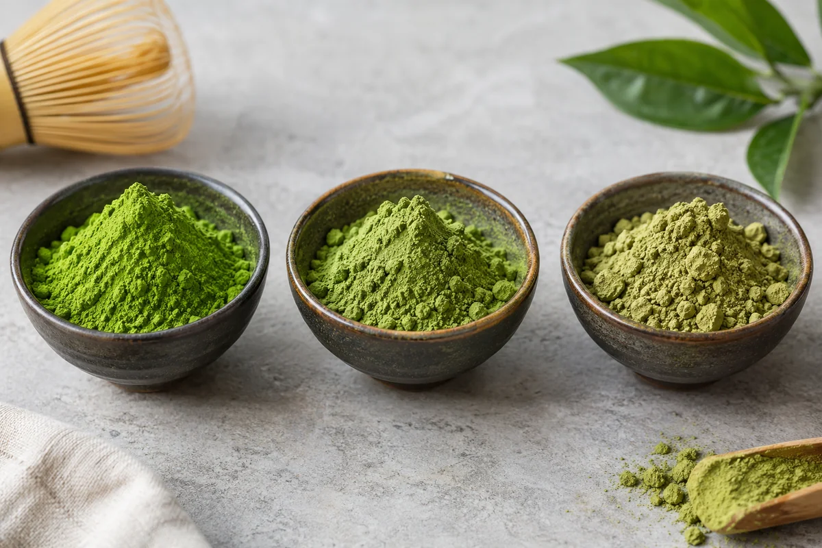 Comparing Matcha Grades for Sourcing Ceremonial, cafe and culinary matcha powder samples compared side by side for wholesale product applications.