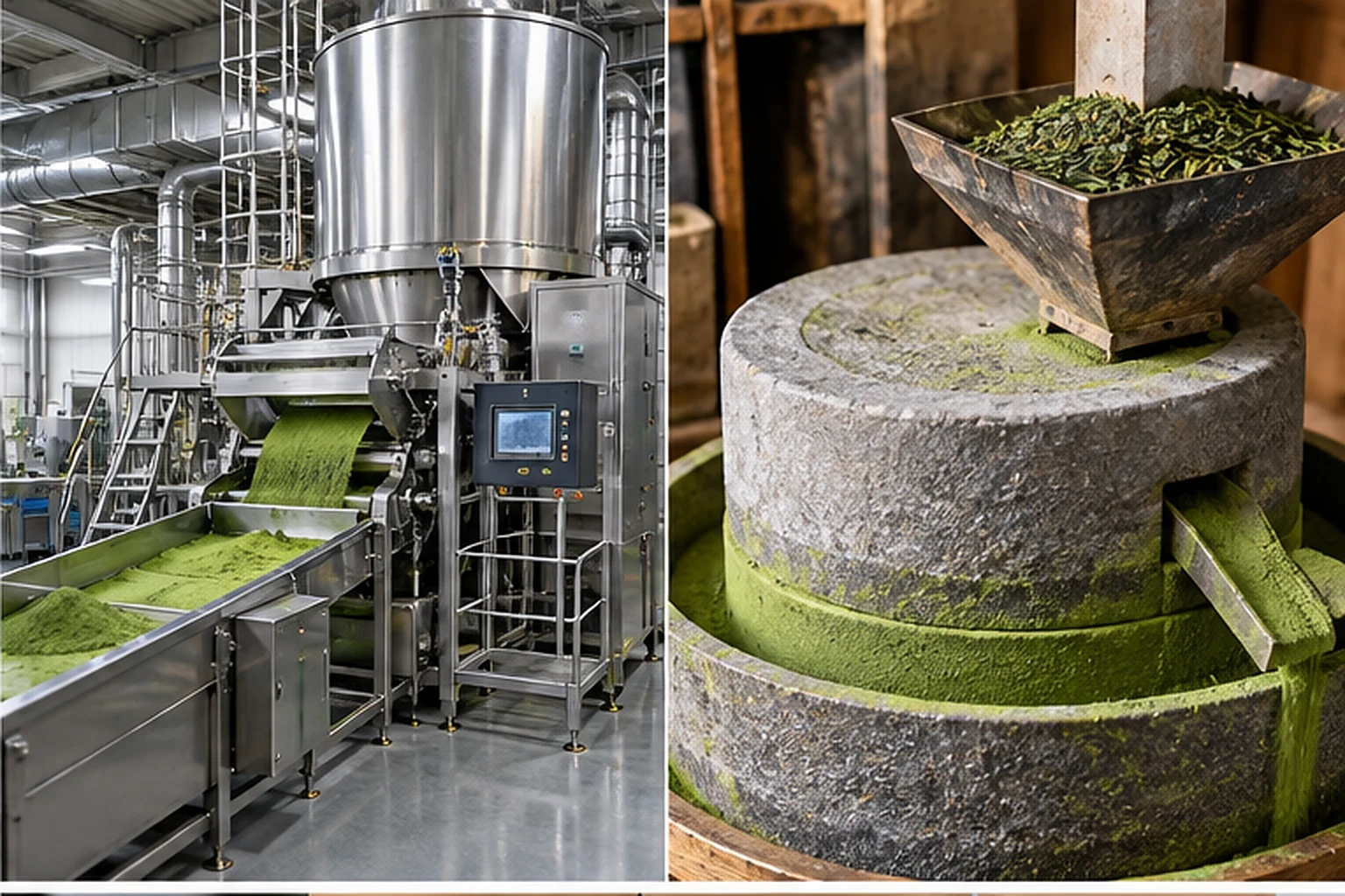 A modern industrial matcha powder processing machine shown next to a traditional stone mill used for grinding tea leaves.