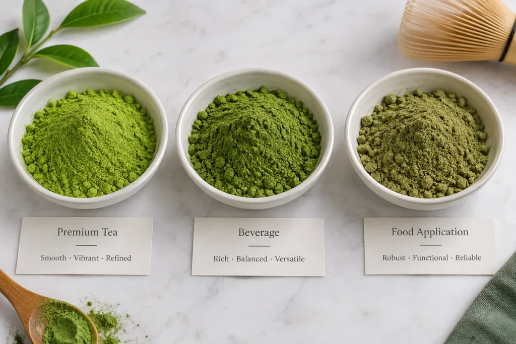 Three matcha powder samples compared for premium tea, beverages and food manufacturing applications.