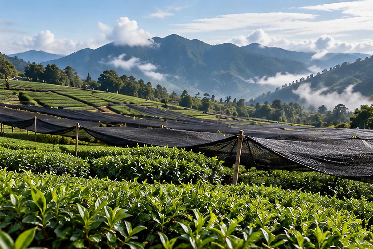 Lush tea plantation with shade nets and mountains, illustrating matcha terroir and cultivation methods.