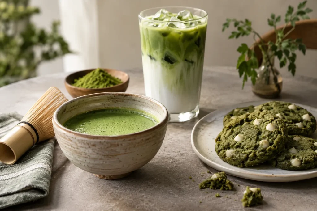 Pure matcha tea, iced matcha latte and green matcha cookies showing tea, beverage and bakery product applications.