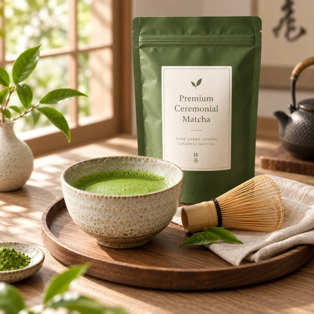 Premium Ceremonial Matcha application scene featuring a whisked matcha bowl, bamboo whisk, and branded pouch on a wooden tray in a calm tea ceremony setting.