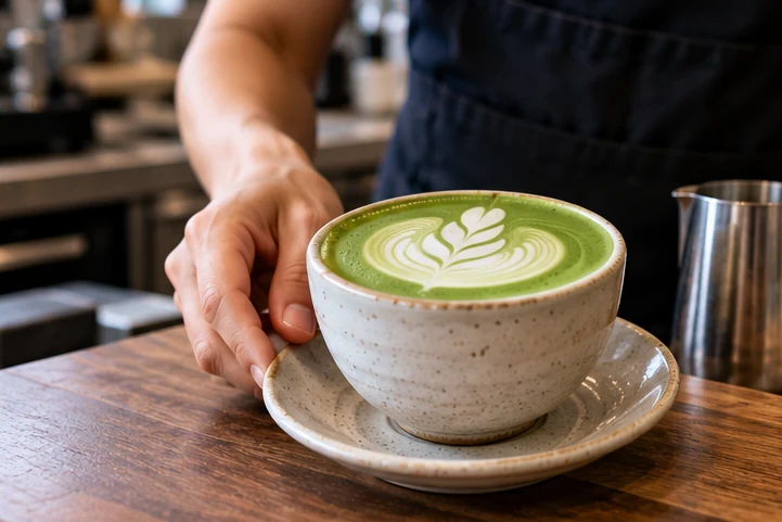 Barista serving a vibrant green matcha latte with leaf-shaped milk foam art in a cafe.