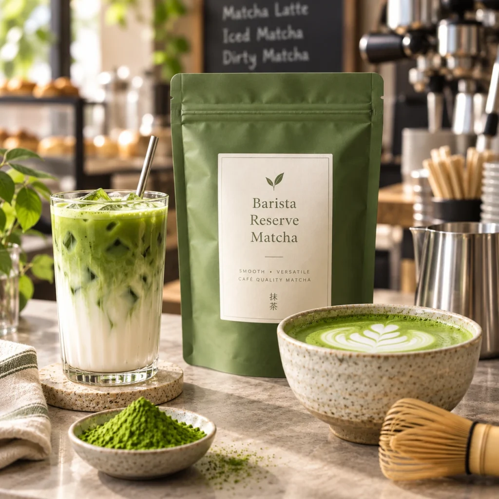Barista Reserve Matcha application scene in a cafe with iced matcha latte, hot matcha latte art, bamboo whisk, matcha powder, and branded pouch on the counter.