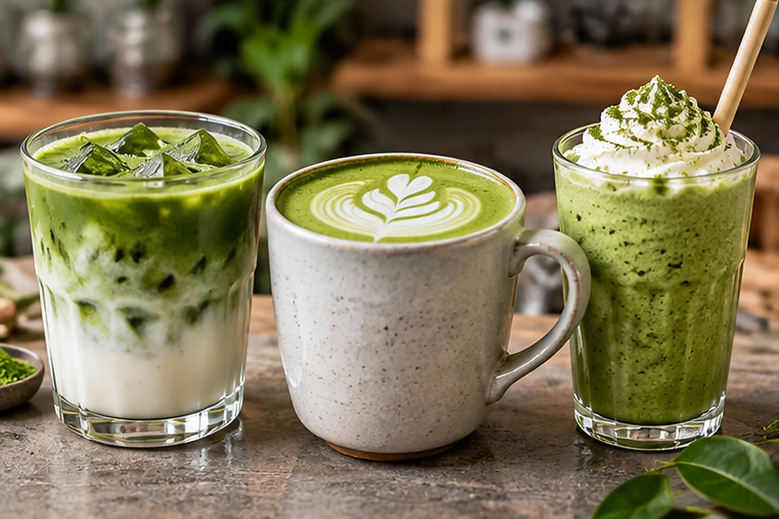 Iced matcha latte, hot matcha latte with latte art and blended green tea beverage prepared for cafes.