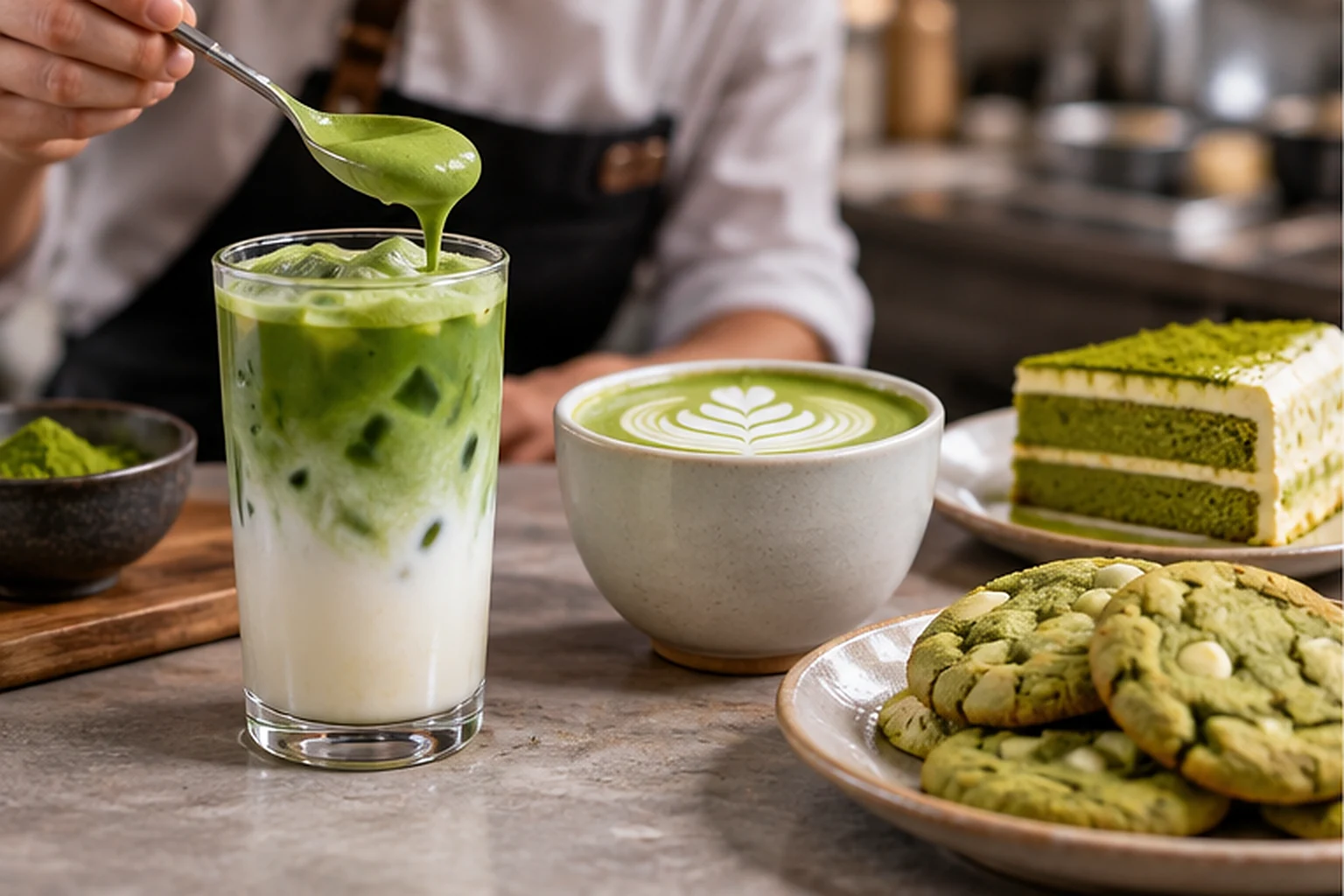 An iced matcha latte, a hot matcha latte and matcha cookies with a slice of green tea cake, illustrating beverage and baking applications.