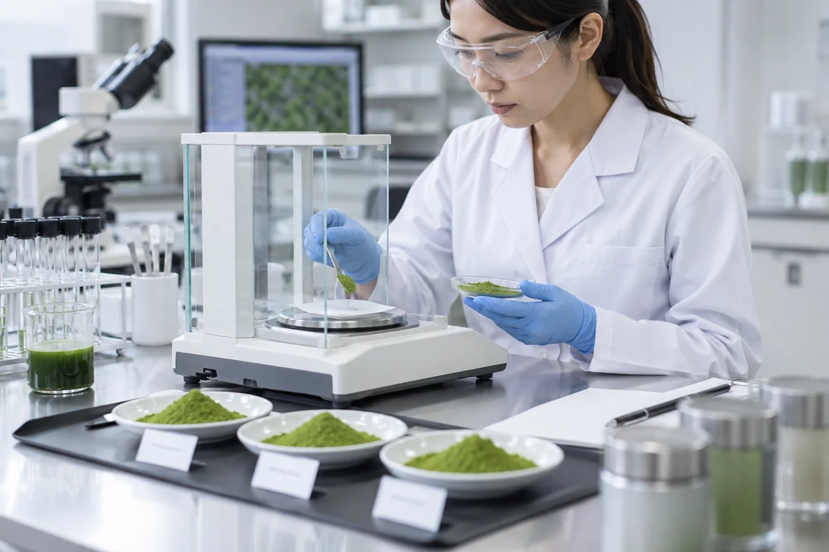 Matcha Quality Control Testing Lab technician weighing matcha powder samples with a precision balance to check consistency in bulk matcha sourcing.