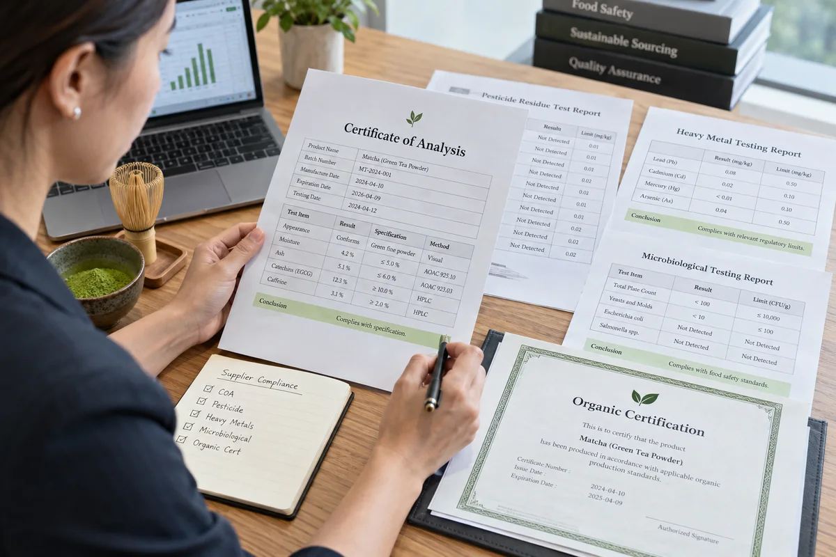 Matcha Supplier Compliance Documents Buyer reviewing illustrative matcha COA, pesticide, heavy metal and microbiological testing documents.