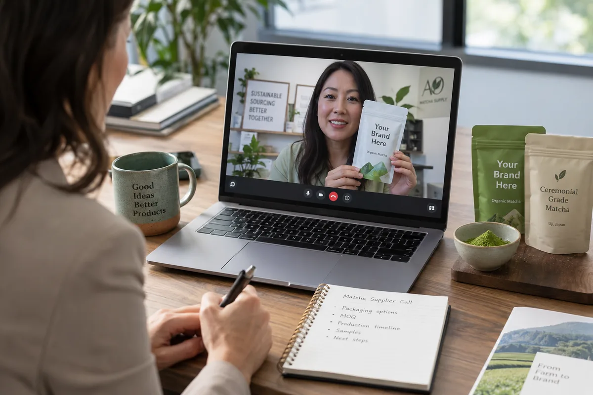 Discussing OEM Supplier Collaboration Process Brand owner discussing private label matcha packaging, MOQ, samples and production timelines with an OEM supplier by video call.