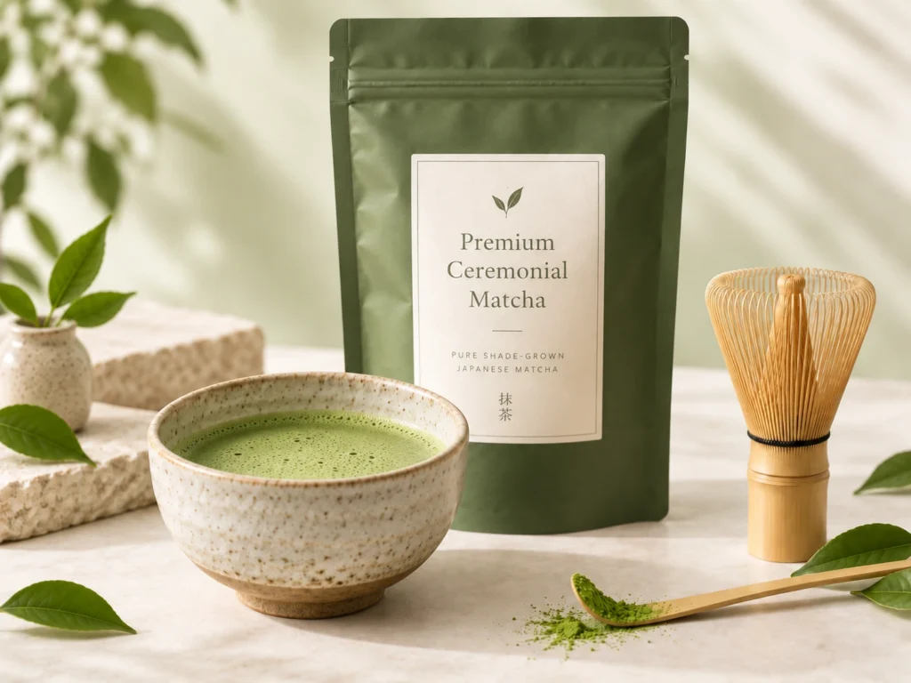 Close-up of Premium Ceremonial Matcha powder in a ceramic bowl with a bamboo scoop sprinkling bright green matcha, packaging visible in the background.