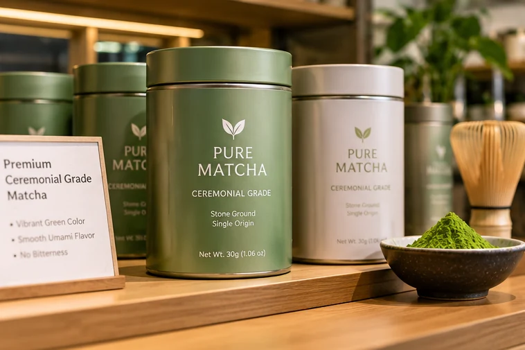 Premium private-label ceremonial matcha tins displayed on a retail shelf beside a bowl of green matcha powder.