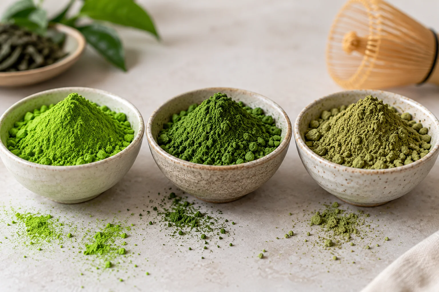 Three bowls of matcha powder in bright green, deep green, and olive green shades, illustrating different matcha grades.