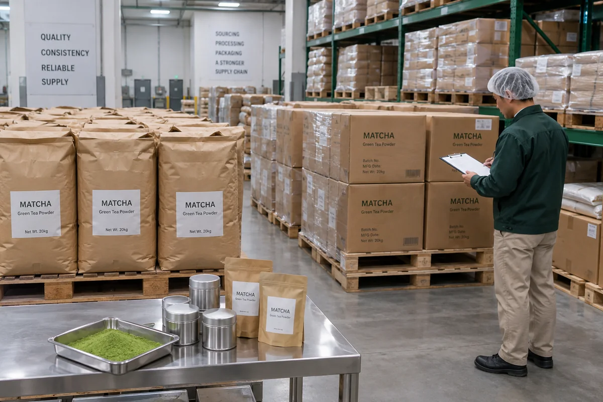 Bulk Matcha Supplier Capacity and Consistency Bulk matcha powder inventory on pallets in an organized warehouse with a worker checking stock records.
