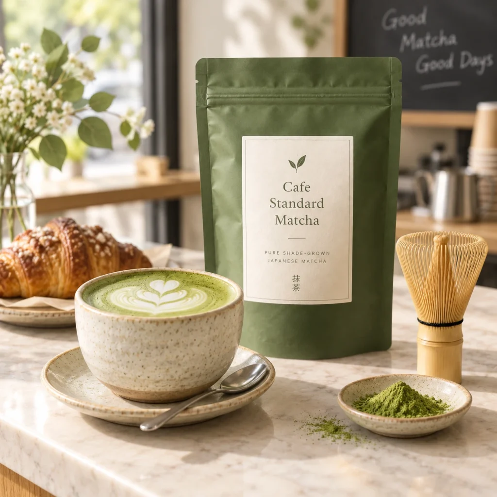 Cafe Standard Matcha application scene with a matcha latte, croissant, bamboo whisk, and branded pouch styled in a bright coffee shop environment.