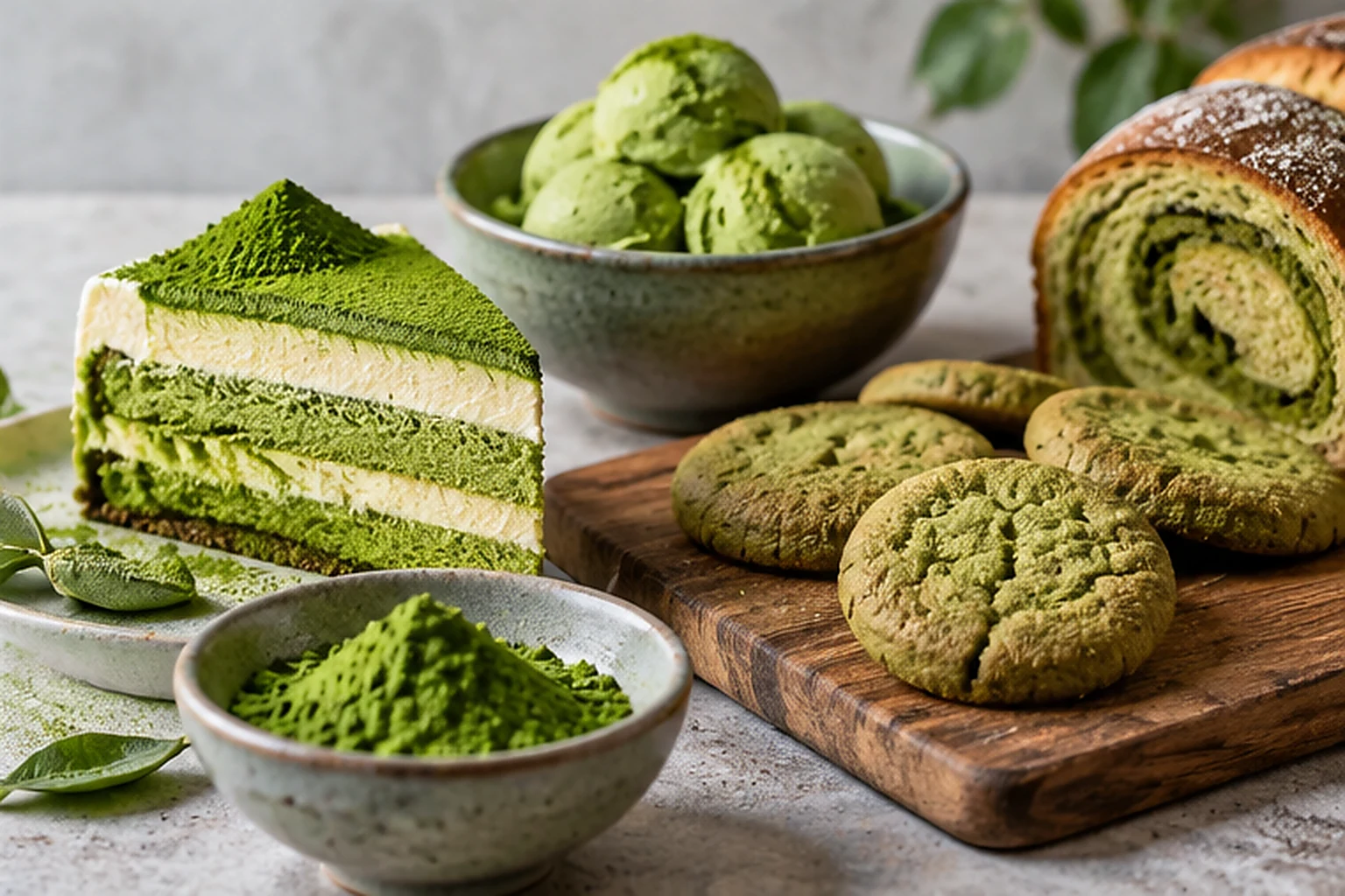 Matcha green cake, cookies and ice cream, illustrating culinary matcha applications in food production.