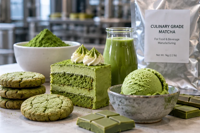 Culinary matcha powder displayed with green tea cookies, matcha layer cake, chocolate and ice cream in a food-production setting.
