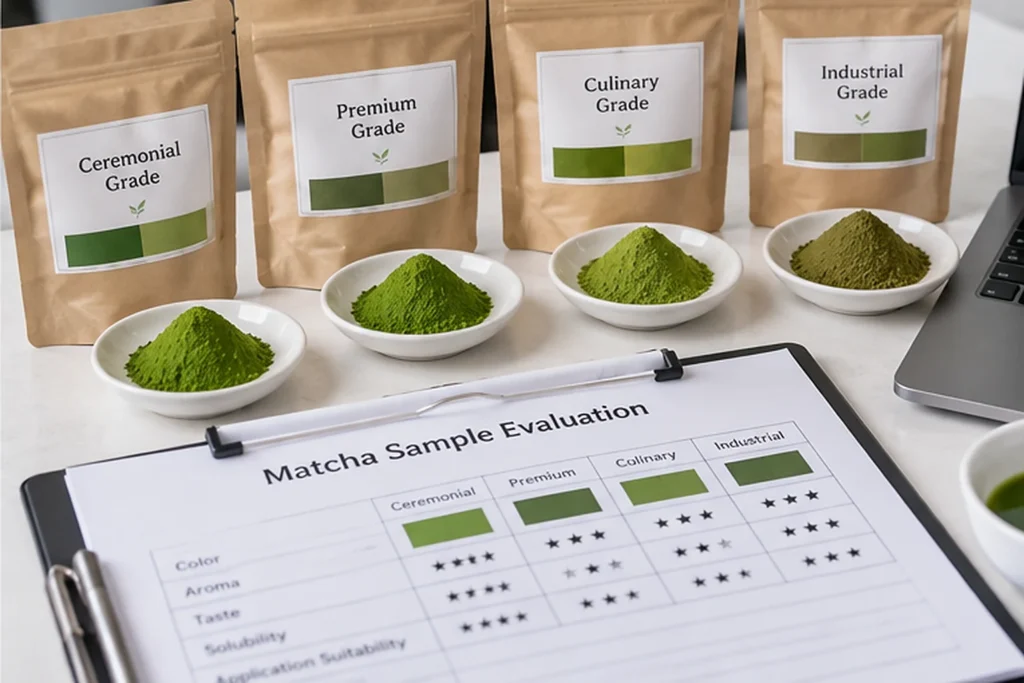 Matcha powder samples in labeled packaging displayed alongside a quality evaluation form for B2B supplier assessment.