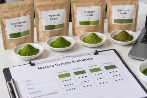 Matcha powder samples in labeled packaging displayed alongside a quality evaluation form for B2B supplier assessment.
