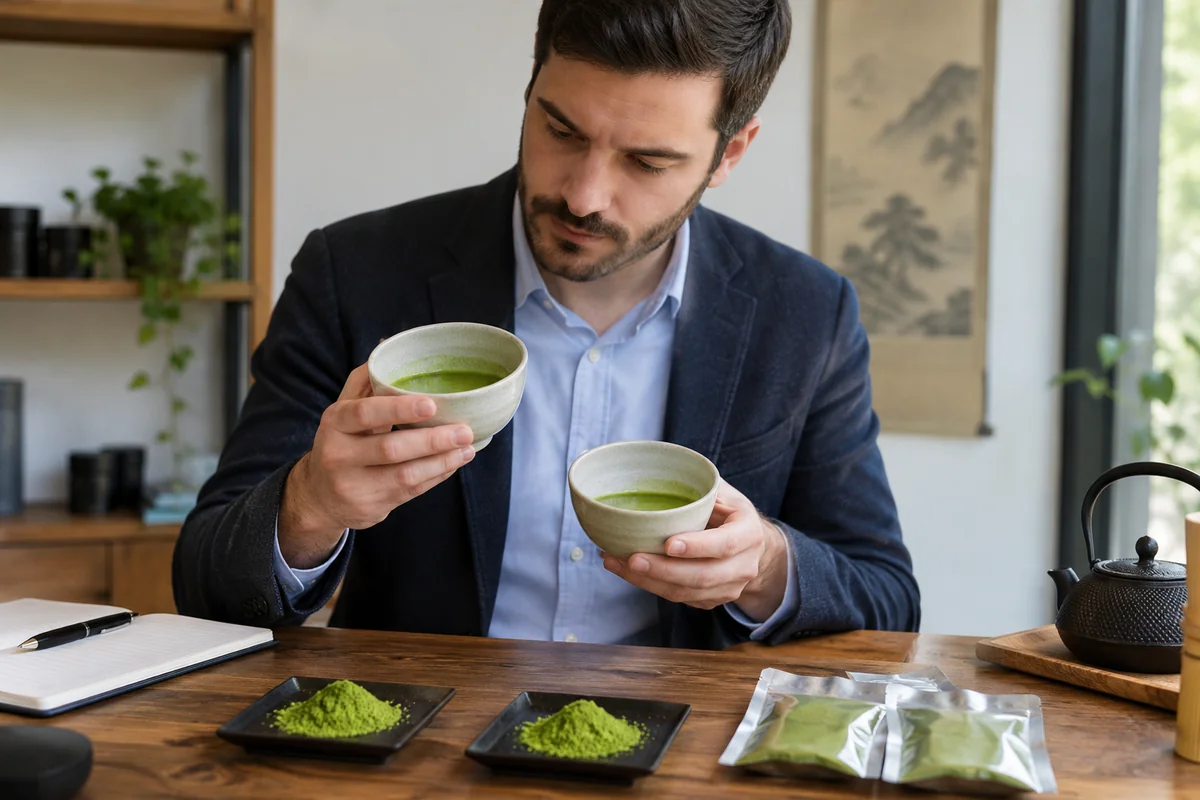Verifying Matcha Supplier Claims Matcha importer comparing two prepared tea samples and matcha powders to verify supplier quality claims.