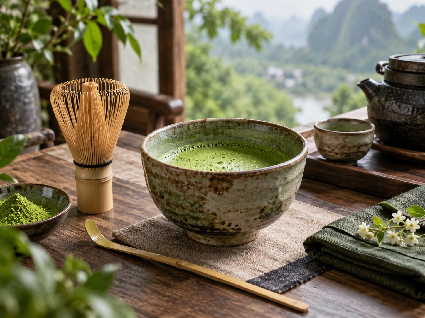 Ceremonial grade matcha tea ceremony with bowl and bamboo whisk