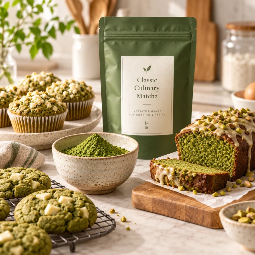 Classic Culinary Matcha application scene with matcha muffins, matcha loaf cake, cookies, matcha powder, and branded pouch in a baking kitchen setting.
