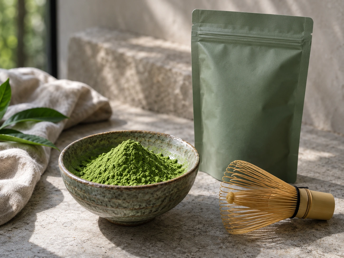 Premium matcha powder and product presentation in soft natural light