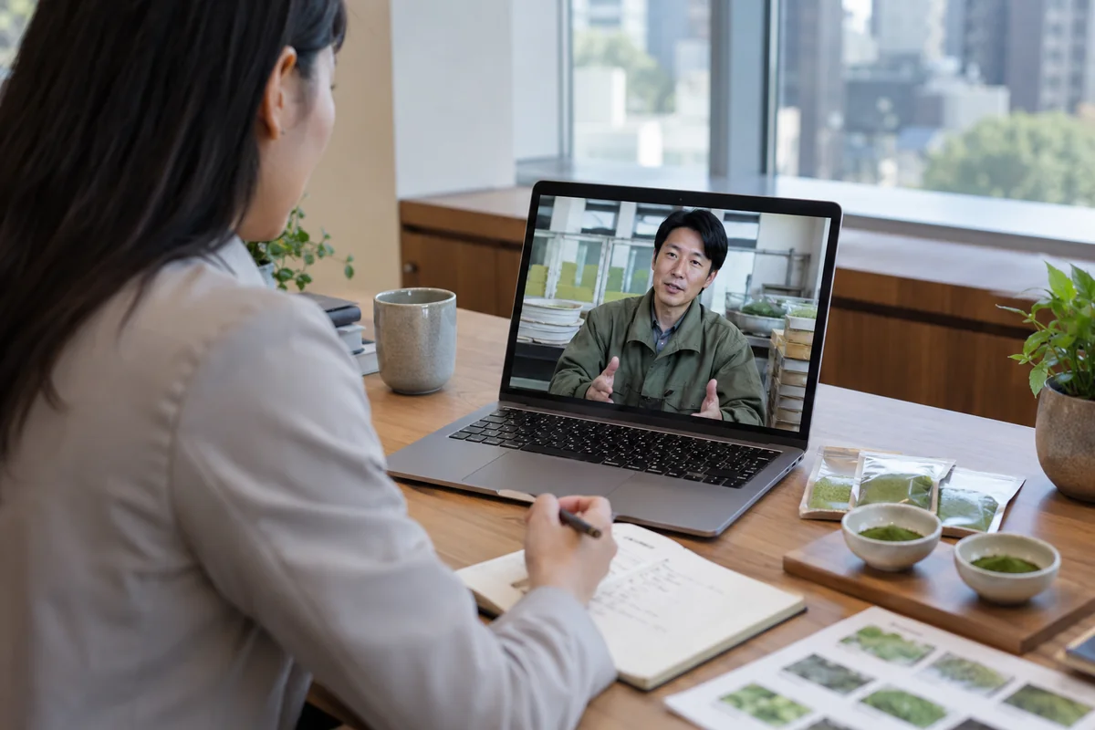 Discussing Matcha Sourcing Strategy with Supplier Overseas matcha buyer discussing tea grade, samples and sourcing needs with a supplier during a video call.