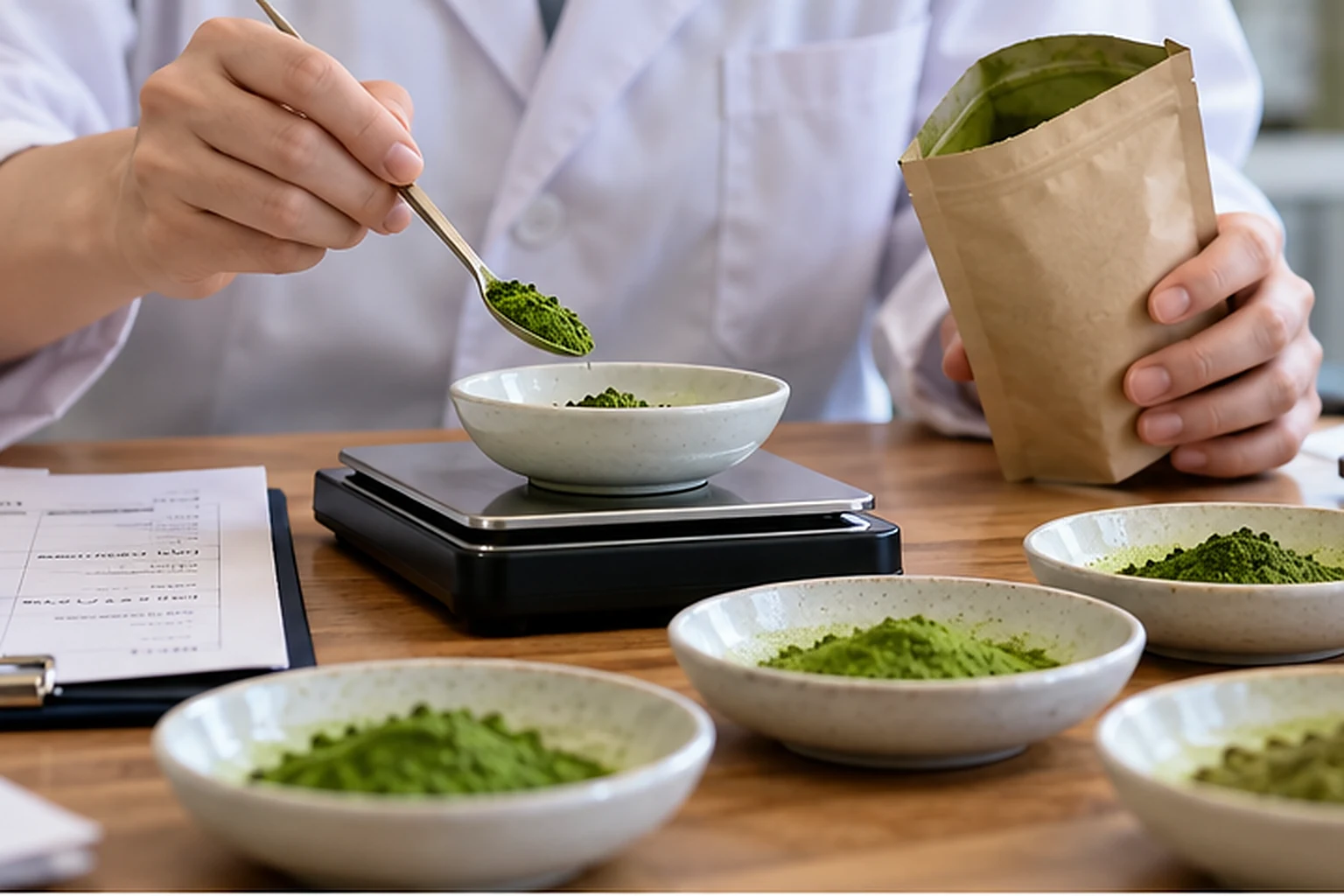 A matcha supplier comparing and weighing sample powders during a product quality evaluation.