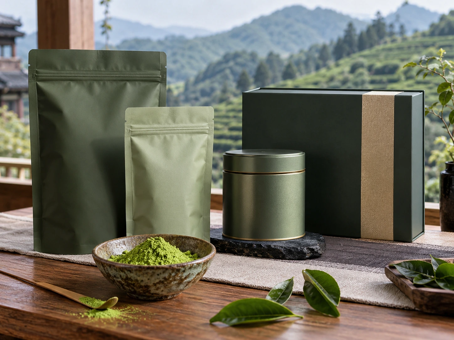 Matcha tea service with mountain landscape for commercial application presentation