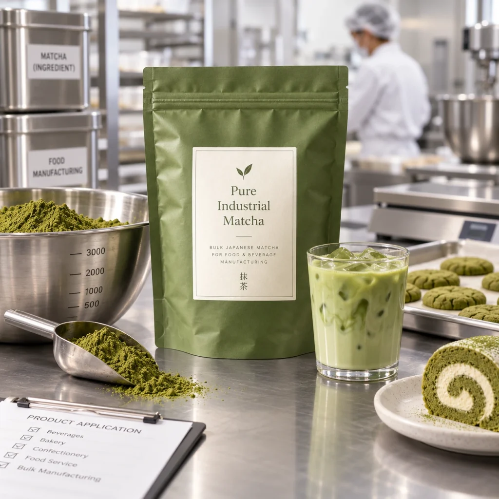 Pure Industrial Matcha application scene showing food manufacturing use with matcha powder, iced matcha drink, bakery samples, and branded pouch in a professional production environment.