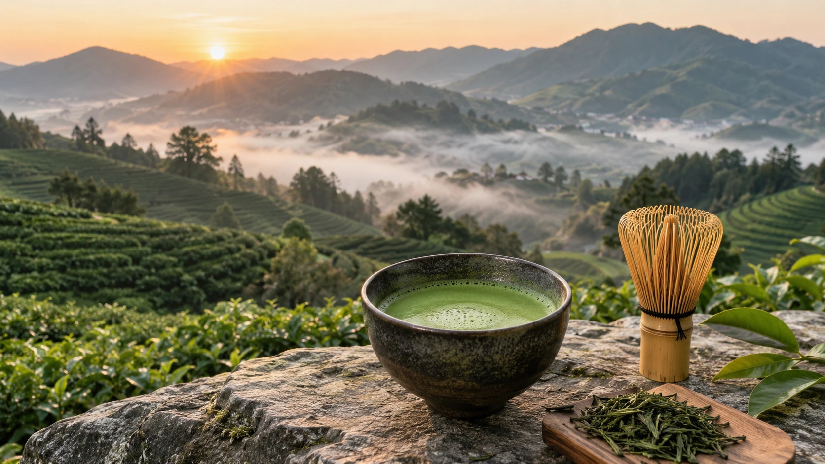 Guizhou matcha scene with tea garden landscape and matcha presentation