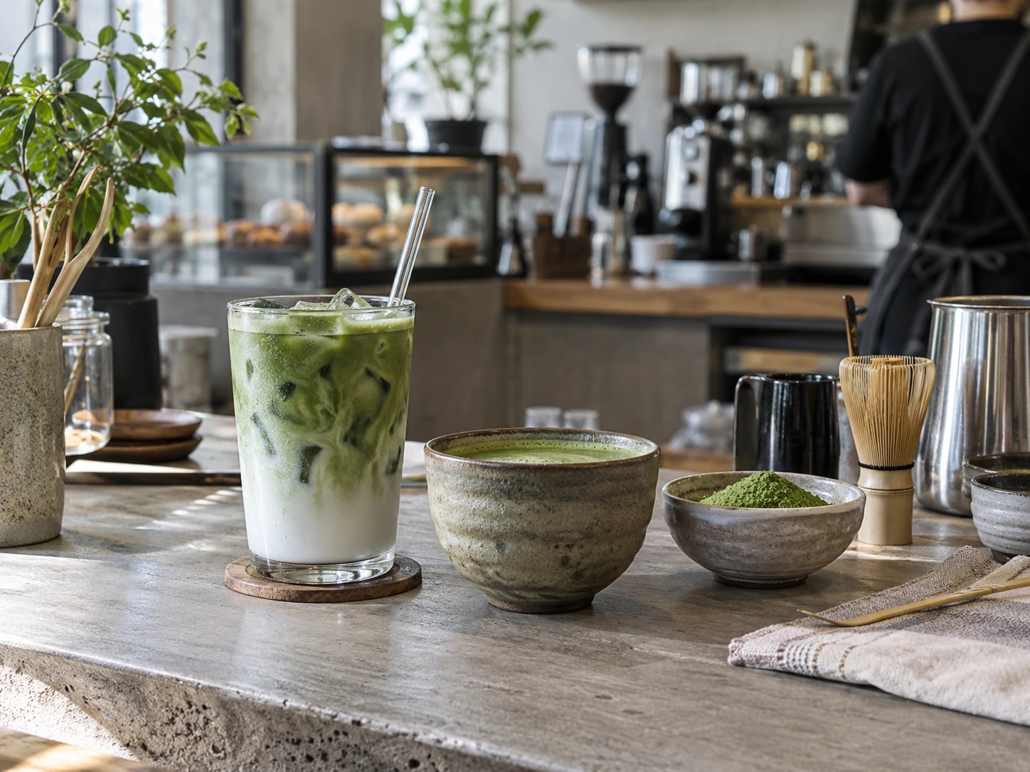 Iced matcha latte and matcha preparation in a warm cafe setting