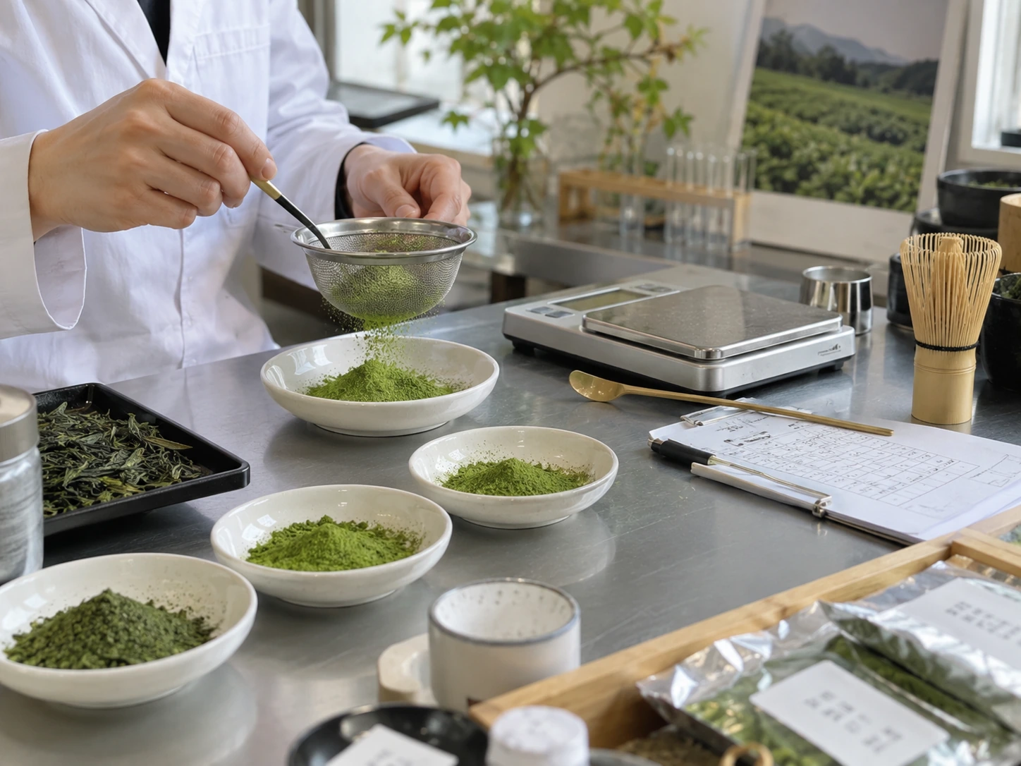 Matcha powder sifting and technical product testing for culinary applications