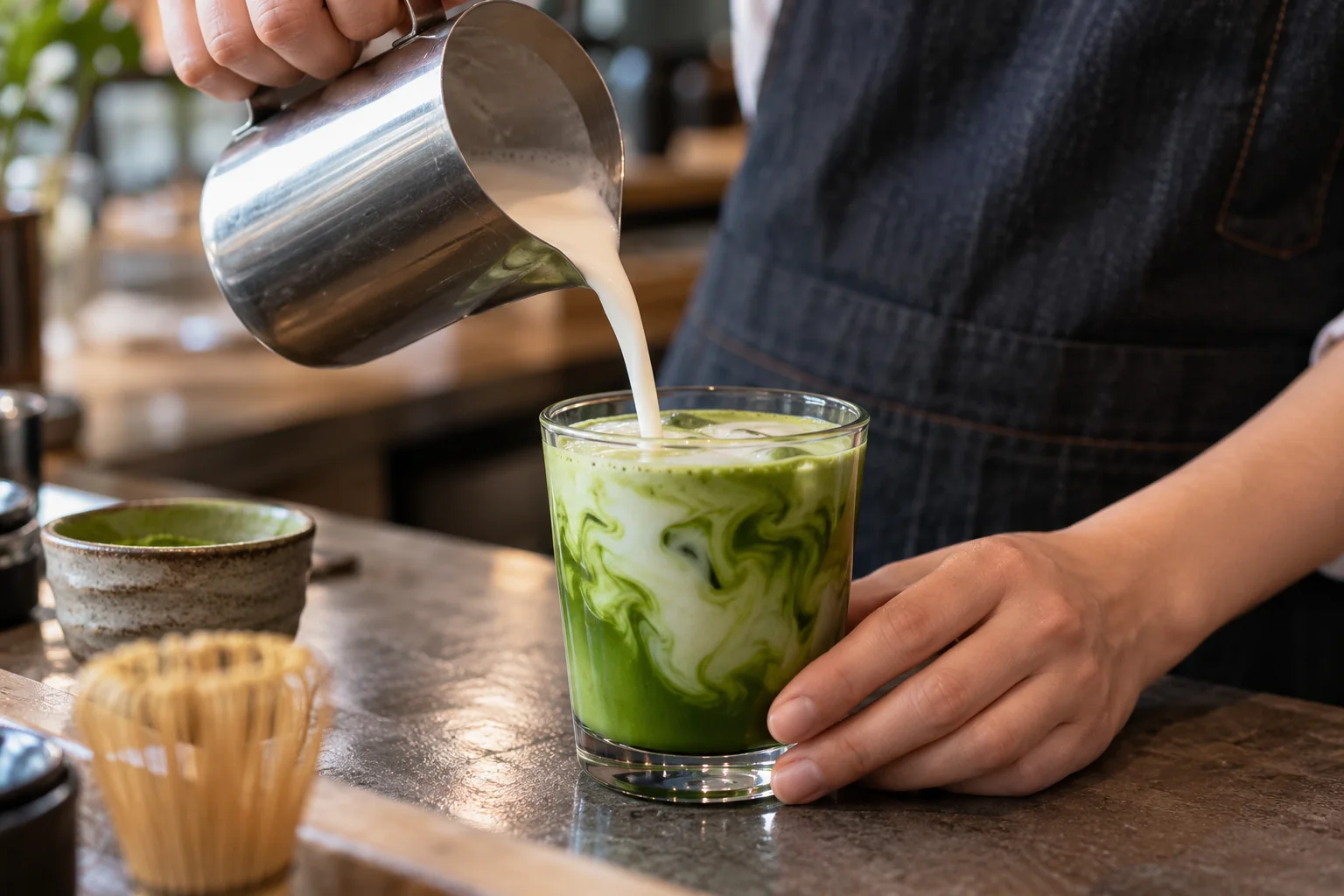 A barista pouring steamed milk into a glass with matcha, showing how the matcha color interacts with the liquid.