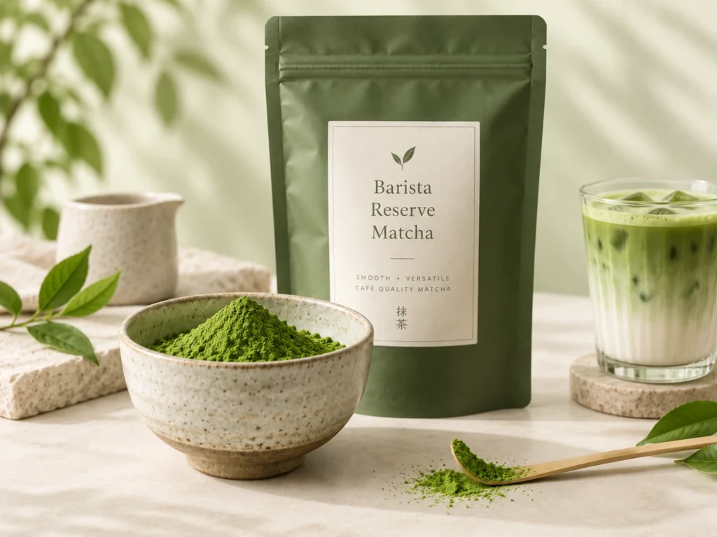 Barista Reserve Matcha powder in a ceramic bowl beside a branded matcha pouch, bamboo scoop, and iced matcha latte in a soft natural-light setting.