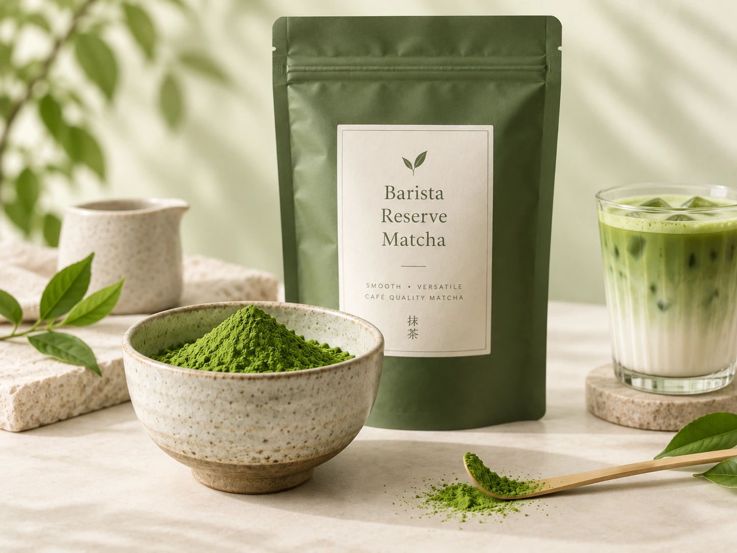 Barista Reserve Matcha powder in a ceramic bowl beside a branded matcha pouch, bamboo scoop, and iced matcha latte in a soft natural-light setting.