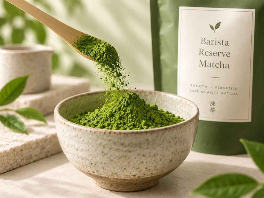 Close-up of Barista Reserve Matcha powder being poured from a bamboo scoop into a ceramic bowl with the branded pouch in the background.