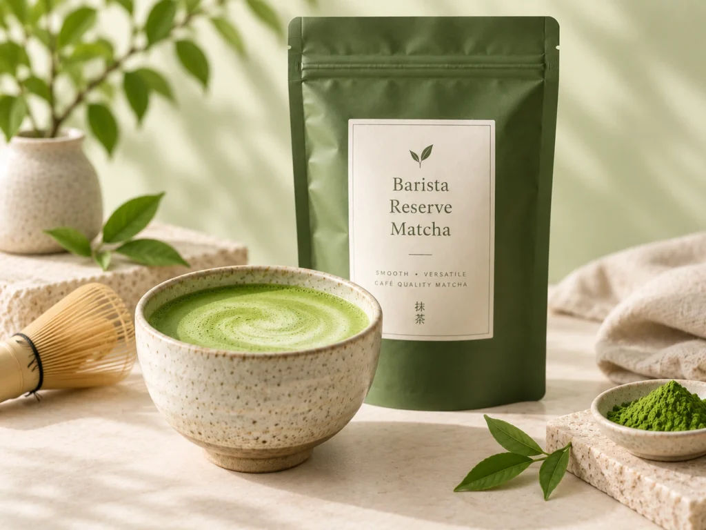 Whisked Barista Reserve Matcha in a ceramic bowl with the branded pouch, bamboo whisk, and fresh tea leaves in a calm café-inspired scene.