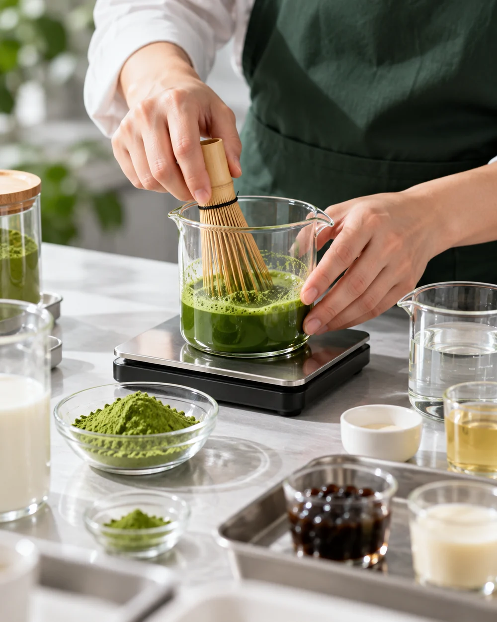 Illustration of hands whisking matcha for bubble tea recipe testing